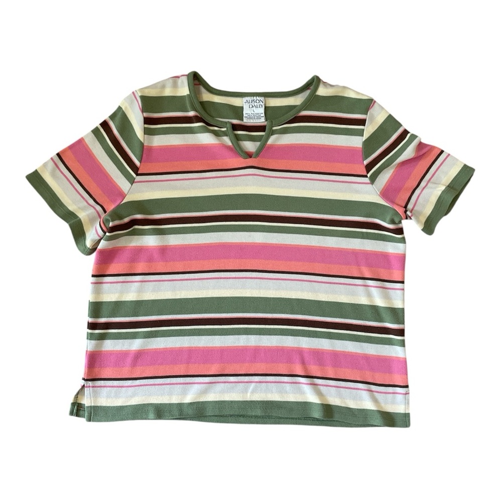 Vintage Allison Daley Striped  Shirt Pink & Green Pastel 90s/Y2K Women's Large